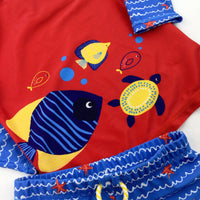 Fish Blue & Red Beach Top & Shorts Set - Boys 3-4 Years