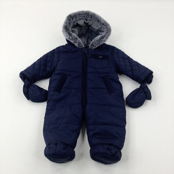 Quilted Navy Fleece Lined Winter Pramsuit With Detachable Mittens - Boys 0-3 Months