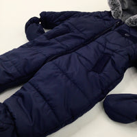 Quilted Navy Fleece Lined Winter Pramsuit With Detachable Mittens - Boys 0-3 Months