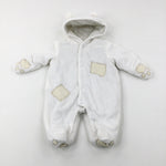 Teddy Appliqued Cream Fluffy Winter Pramsuit - Boys 0-3 Months