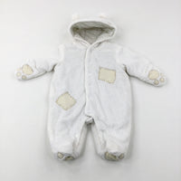 Teddy Appliqued Cream Fluffy Winter Pramsuit - Boys 0-3 Months