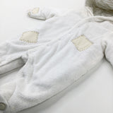 Teddy Appliqued Cream Fluffy Winter Pramsuit - Boys 0-3 Months