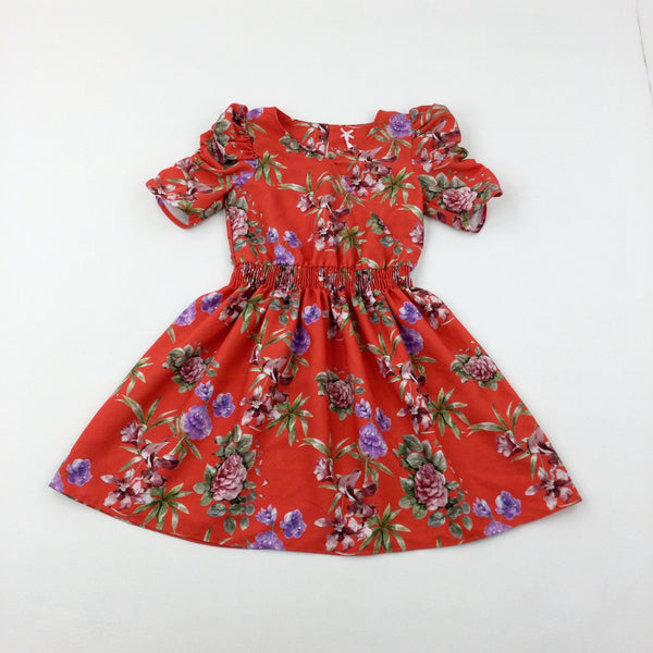 Colourful Flowers Red Dress - Girls 7-8 Years