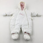 Flowers Embroidered White Padded Pramsuit With Detachable Mittens & Booties - Girls 0-3 Months