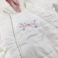 Flowers Embroidered White Padded Pramsuit With Detachable Mittens & Booties - Girls 0-3 Months