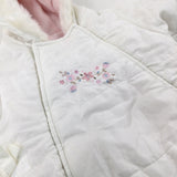 Flowers Embroidered White Padded Pramsuit With Detachable Mittens & Booties - Girls 0-3 Months