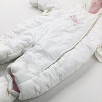 Flowers Embroidered White Padded Pramsuit With Detachable Mittens & Booties - Girls 0-3 Months