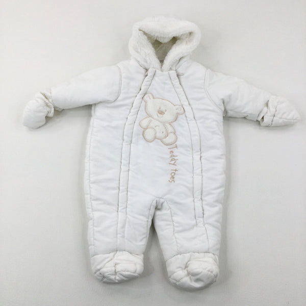 'Teddy Toes' Appliqued Cream Winter Pramsuit - Boys 3-6 Months