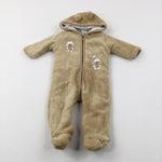 Bunny & Teddy Appliqued Tan Fluffy Fleece Lined Pramsuit - Boys 3-6 Months