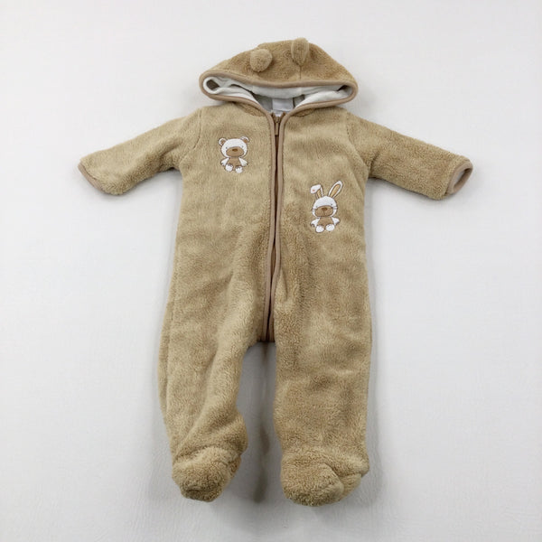 Bunny & Teddy Appliqued Tan Fluffy Fleece Lined Pramsuit - Boys 3-6 Months