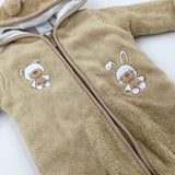 Bunny & Teddy Appliqued Tan Fluffy Fleece Lined Pramsuit - Boys 3-6 Months