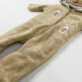 Bunny & Teddy Appliqued Tan Fluffy Fleece Lined Pramsuit - Boys 3-6 Months