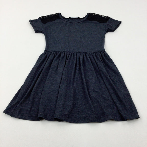 Navy Lace Shoulders Jersey Dress - Girls 6-7 Years