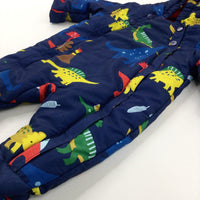 Dinosaurs Colourful Navy Fleece Lined Winter Pramsuit - Boys 3-6 Months