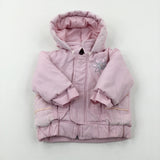 Flower Appliqued Sequinned Pink Coat With Detachable Hood - Girls 3-6 Months