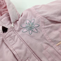 Flower Appliqued Sequinned Pink Coat With Detachable Hood - Girls 3-6 Months