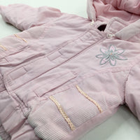 Flower Appliqued Sequinned Pink Coat With Detachable Hood - Girls 3-6 Months