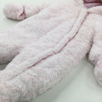 Pink Fluffy Fleece Lined Winter Pramsuit With Detachable Mittens - Girls 3-6 Months