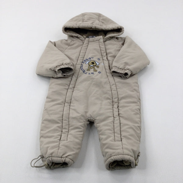 'My Friend Doggy' Appliqued Beige Fleece Lined Pramsuit - Boys 6-9 Months