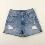 Distressed Light Blue Denim Shorts With Adjustable Waist - Girls 8-9 Years