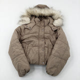 Beige Padded Coat With Fluffy Hood - Girls 10-11 Years