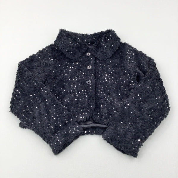 Sequinned Charcoal Grey Fluffy Cropped Jacket - Girls 10-11 Years