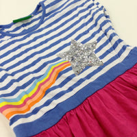 Star Sequinned Blue Striped & Pink Dress - Girls 9-10 Years