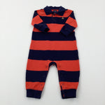 Teddy Motif Red & Navy Striped Romper - Boys 6-9 Months