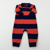 Teddy Motif Red & Navy Striped Romper - Boys 6-9 Months