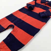 Teddy Motif Red & Navy Striped Romper - Boys 6-9 Months