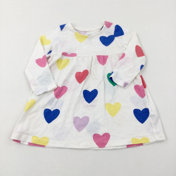 Hearts Colourful White Jersey Dress - Girls 6-9 Months