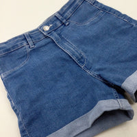 Mid Blue Denim Shorts With Adjustable Waist - Girls 11-12 Years