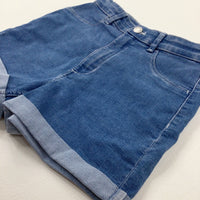 Mid Blue Denim Shorts With Adjustable Waist - Girls 11-12 Years