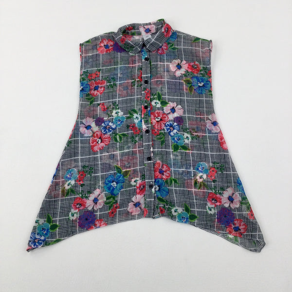 Colourful Flowers Black Checked Lightweight Top - Girls 3-4 Years