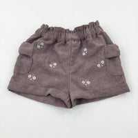 Flowers Embroidered Dusky Pink Cord Shorts - Girls 12-18 Months