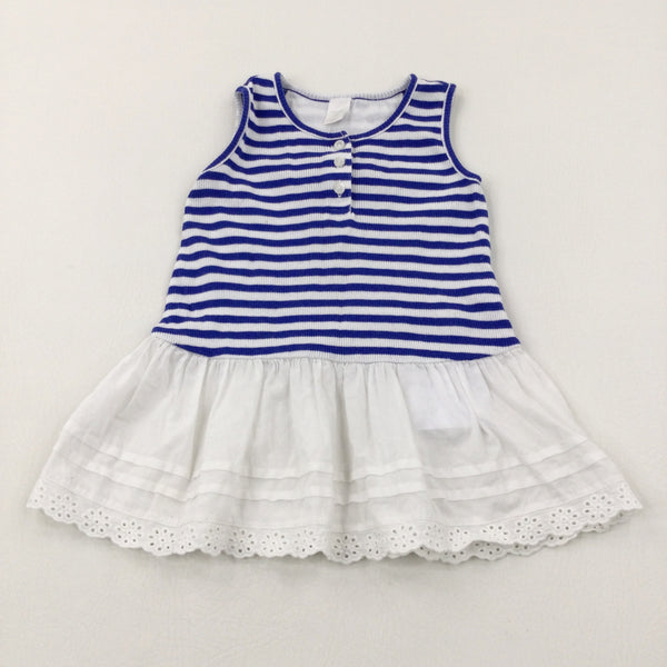 Blue Striped Dress With Embroidered Trim - Girls 12-18 Months