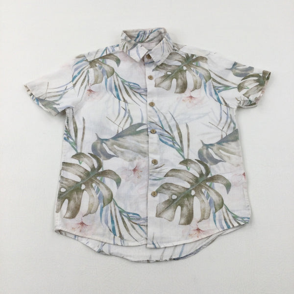 Tropical Leaves White Linen Mix Shirt - Boys 5-6 Years