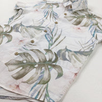 Tropical Leaves White Linen Mix Shirt - Boys 5-6 Years