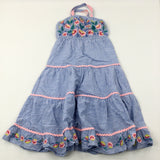 Flowers Embroidered Blue Striped Dress - Girls 9-10 Years