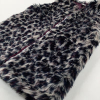 Animal Print Burgundy & Navy Fluffy Gilet - Girls 9-10 Years