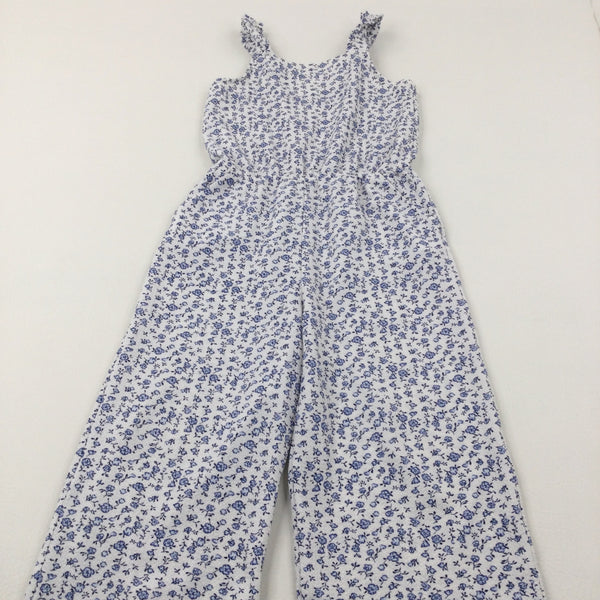 Flowers Blue & White Jumpsuit - Girls 9-10 Years