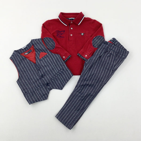 Red & Blue Polo Shirt Waistcoat & Trousers Set - Boys 18-24 Months