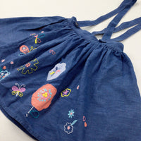 Flowers & Butterflies Appliqued Blue Denim Effect Dungaree Dress - Girls 6-7 Years