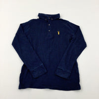 Stag Motif Navy Long Sleeve Polo Shirt - Boys 8-9 Years