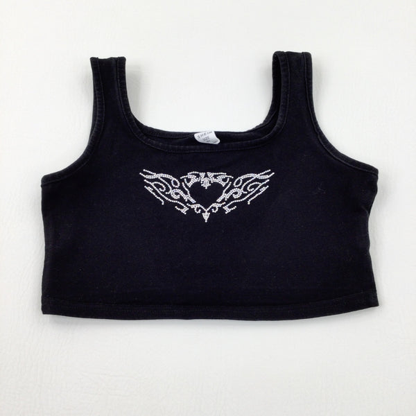 Diamonte Heart Black Cropped Vest Top - Girls 8-9 Years