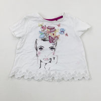 Colourful Butterflies Girl Glittery White T-Shirt - Girls 2-3 Years