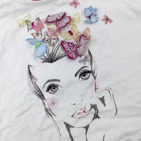 Colourful Butterflies Girl Glittery White T-Shirt - Girls 2-3 Years