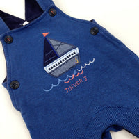 'Junior J' Boat Appliqued Navy Striped Dungarees - Boys 0-3 Months