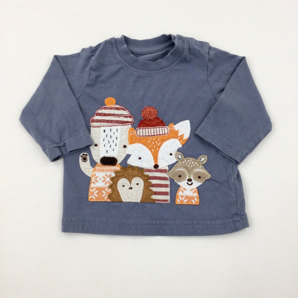 Woodland Animals Appliqued Blue Long Sleeve Top - Boys 3-6 Months