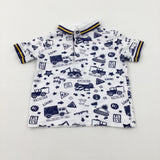 'Road Works' Diggers Navy & White Polo Shirt - Boys 12-18 Months